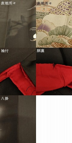 平和屋着物●アンティーク　大正ロマン　黒留袖　両褄　鳳凰扇面松竹梅文　暈し染め　金糸　正絹　逸品　AABH8925cs