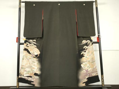 平和屋着物●アンティーク　大正ロマン　黒留袖　両褄　鳳凰扇面松竹梅文　暈し染め　金糸　正絹　逸品　AABH8925cs