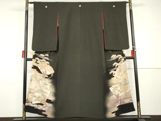 平和屋着物●アンティーク　大正ロマン　黒留袖　両褄　鳳凰扇面松竹梅文　暈し染め　金糸　正絹　逸品　AABH8925cs