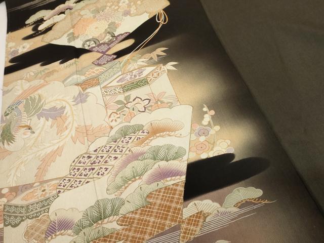 平和屋着物●アンティーク　大正ロマン　黒留袖　両褄　鳳凰扇面松竹梅文　暈し染め　金糸　正絹　逸品　AABH8925cs