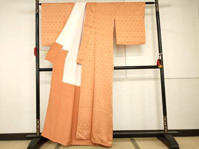 平和屋着物●上質な色無地　草花地紋　黄丹色　正絹　逸品　AABH8926cs