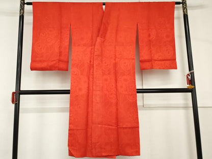 平和屋着物●アンティーク　大正ロマン　長襦袢　袷　鳳凰花丸地紋　紅緋色　正絹　逸品　AABH8928cs