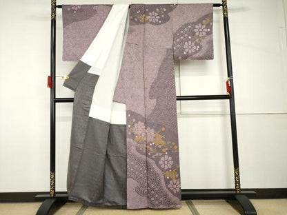 平和屋着物●訪問着　駒刺繍　絞り　流水舞花文　金彩　正絹　逸品　AABH8932cs
