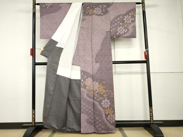平和屋着物●訪問着　駒刺繍　絞り　流水舞花文　金彩　正絹　逸品　AABH8932cs