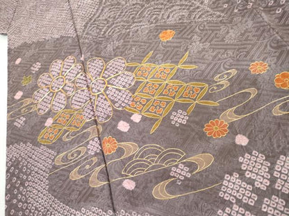 平和屋着物●訪問着　駒刺繍　絞り　流水舞花文　金彩　正絹　逸品　AABH8932cs