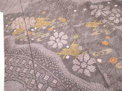 平和屋着物●訪問着　駒刺繍　絞り　流水舞花文　金彩　正絹　逸品　AABH8932cs