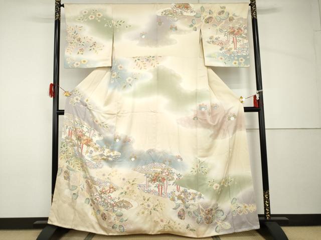平和屋本店■極上　訪問着　紬地　駒刺繍　宝尽くし　風景草花文　金彩　逸品　未使用　DZAB1439kh5 平和屋本店□極上 訪問着 紬地 駒刺繍 宝尽くし 風景草花文 金彩 逸品
