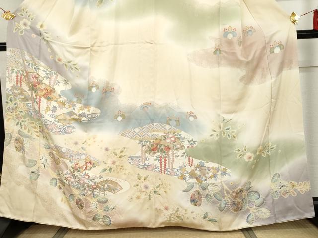 平和屋着物○訪問着 駒刺繍 絞り 地紙吉祥草花文 暈し