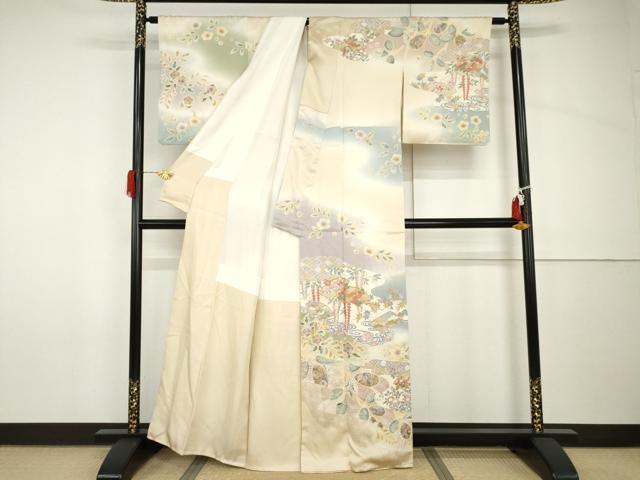 平和屋着物●訪問着　単衣　刺繍　熨斗草花文　正絹　逸品　BAAT9145yc 平和屋着物○訪問着 駒刺繍 絞り 地紙吉祥草花文 暈し
