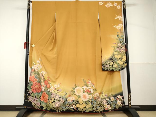 平和屋着物●豪華振袖　駒刺繍　檜扇草花文　暈し染め　金彩　正絹　逸品　AABH8943cs