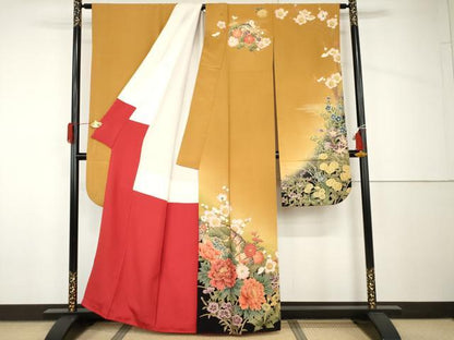 平和屋着物●豪華振袖　駒刺繍　檜扇草花文　暈し染め　金彩　正絹　逸品　AABH8943cs