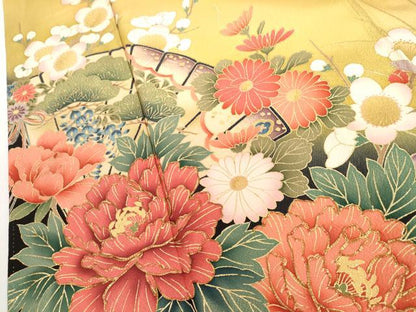 平和屋着物●豪華振袖　駒刺繍　檜扇草花文　暈し染め　金彩　正絹　逸品　AABH8943cs
