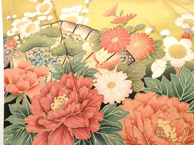 平和屋着物●豪華振袖　駒刺繍　檜扇草花文　暈し染め　金彩　正絹　逸品　AABH8943cs