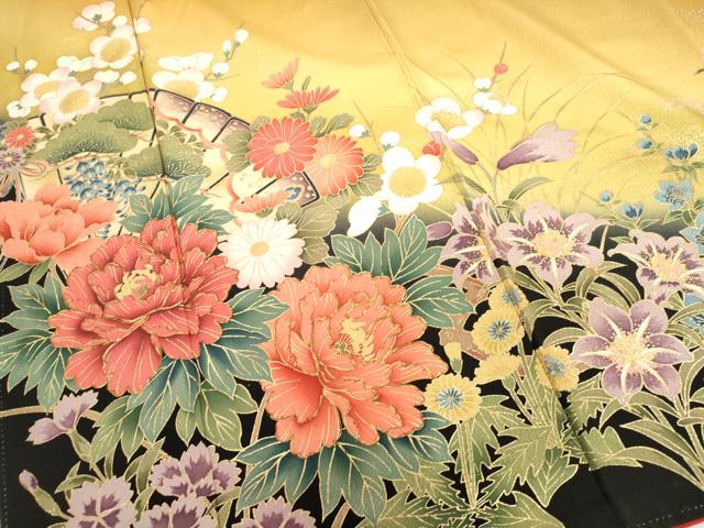平和屋着物●豪華振袖　駒刺繍　檜扇草花文　暈し染め　金彩　正絹　逸品　AABH8943cs