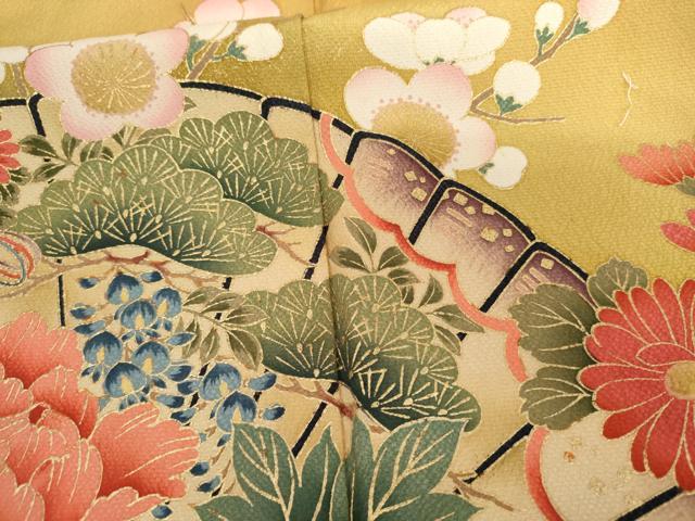 平和屋着物●豪華振袖　駒刺繍　檜扇草花文　暈し染め　金彩　正絹　逸品　AABH8943cs
