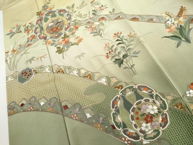 平和屋着物●訪問着　中国三大刺繍　スワトウ刺繍　汕頭刺繍　花絵皿文　金糸　金彩　正絹　逸品　AABH8946cs