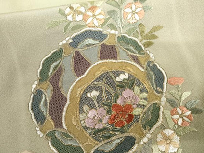 平和屋着物●訪問着　中国三大刺繍　スワトウ刺繍　汕頭刺繍　花絵皿文　金糸　金彩　正絹　逸品　AABH8946cs