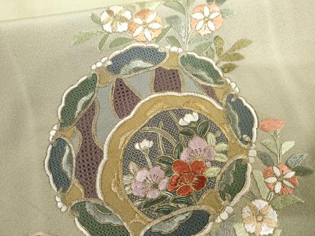 平和屋着物●訪問着　中国三大刺繍　スワトウ刺繍　汕頭刺繍　花絵皿文　金糸　金彩　正絹　逸品　AABH8946cs