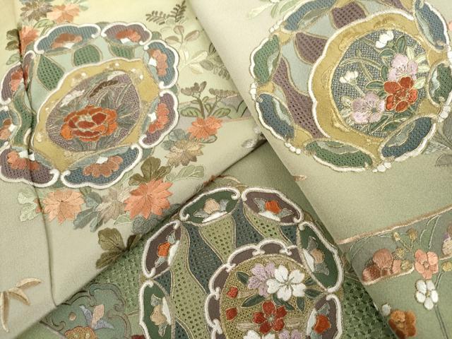 平和屋着物●訪問着　中国三大刺繍　スワトウ刺繍　汕頭刺繍　花絵皿文　金糸　金彩　正絹　逸品　AABH8946cs