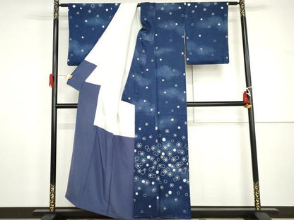 平和屋着物●訪問着　藍　雪輪花文　金彩　正絹　逸品　AABH8948cs