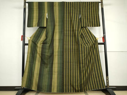 平和屋着物●訪問着　紬地　片身替わり　縞　正絹　逸品　AABH8961cs