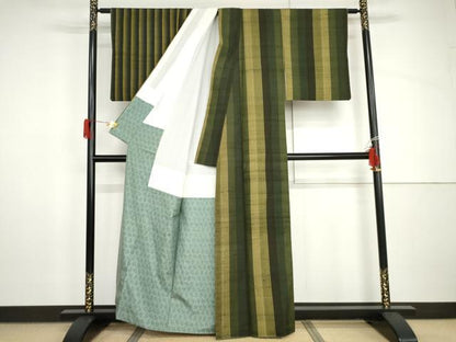 平和屋着物●訪問着　紬地　片身替わり　縞　正絹　逸品　AABH8961cs