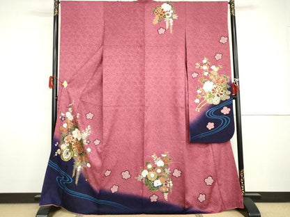 平和屋着物●豪華振袖　駒刺繍　花車文　暈し染め　金糸　金彩　正絹　逸品　AABH8964cs