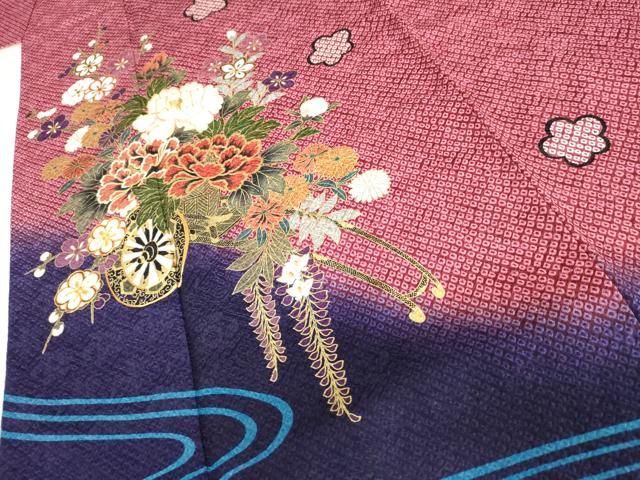 平和屋着物●豪華振袖　駒刺繍　花車文　暈し染め　金糸　金彩　正絹　逸品　AABH8964cs