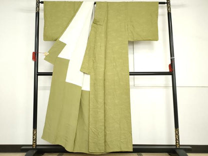 平和屋着物●上質な色無地　草花地紋　青丹色　正絹　逸品　AABH8980cs