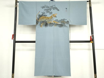 平和屋着物●男性　長襦袢　袷　手描き　虎　金彩　正絹　逸品　AABH8986cs