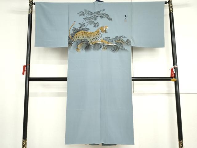 平和屋着物●男性　長襦袢　袷　手描き　虎　金彩　正絹　逸品　AABH8986cs