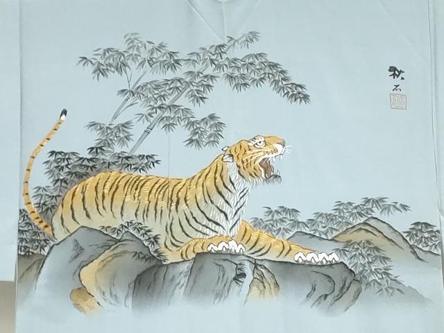 平和屋着物●男性　長襦袢　袷　手描き　虎　金彩　正絹　逸品　AABH8986cs
