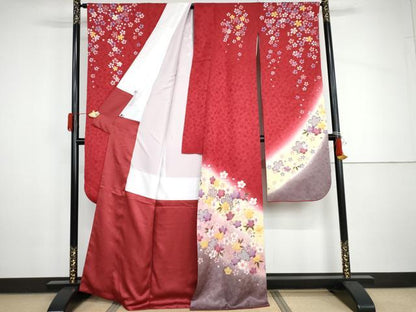 平和屋着物●豪華振袖　駒刺繍　舞桜文　暈し染め　金彩　正絹　逸品　AABH8995cs