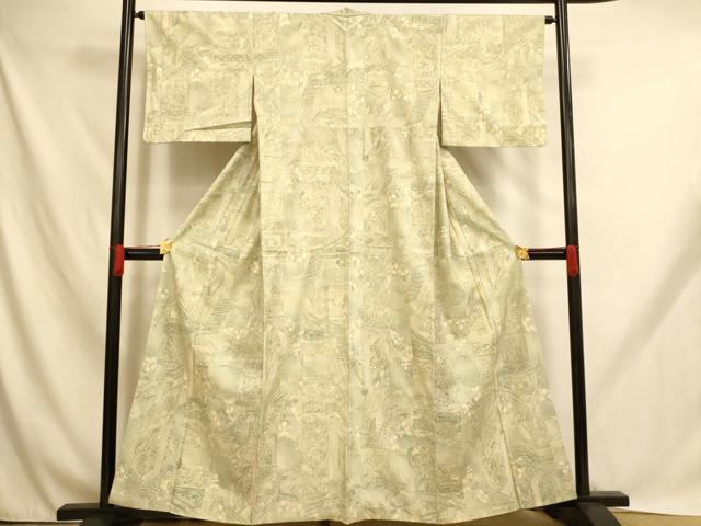 平和屋着物■上質な小紋　紬地　切り嵌め人物風景文　正絹　逸品　AABH9022fw