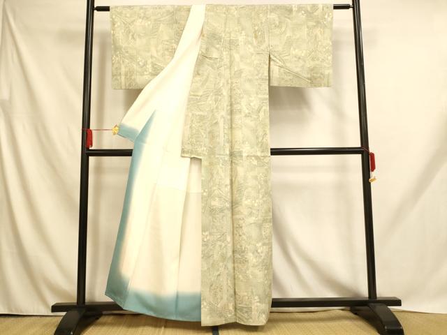 平和屋着物■上質な小紋　紬地　切り嵌め人物風景文　正絹　逸品　AABH9022fw