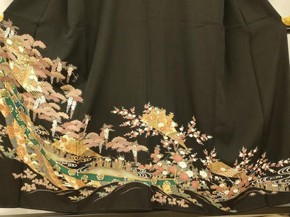 平和屋着物■豪華黒留袖 御所車扇子文 金彩 正絹 逸品 AABH9056fw