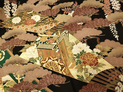 平和屋着物■豪華黒留袖 御所車扇子文 金彩 正絹 逸品 AABH9056fw