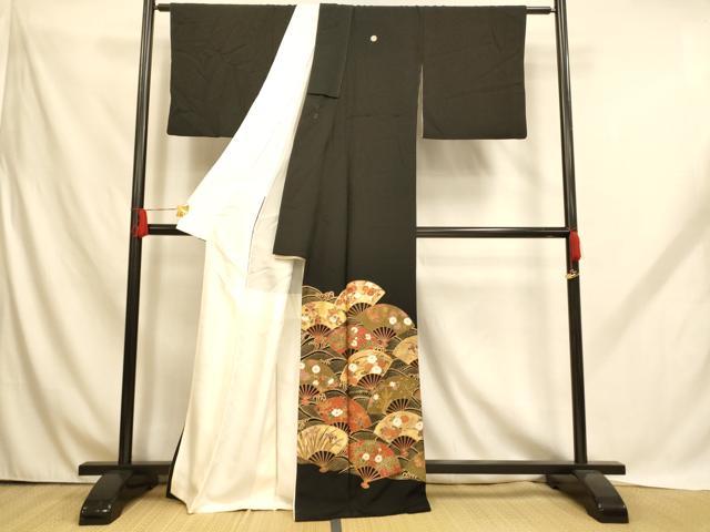 平和屋着物■豪華黒留袖　駒刺繍　枝花扇子文　金銀彩　正絹　逸品　AABH9094fw