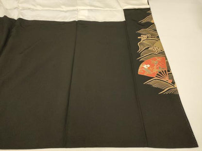 平和屋着物■豪華黒留袖　駒刺繍　枝花扇子文　金銀彩　正絹　逸品　AABH9094fw