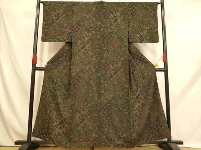 平和屋着物■上質な小紋　切嵌更紗花文　正絹　逸品　AABH9095fw