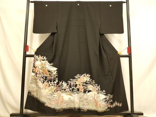 平和屋着物■豪華黒留袖　駒刺繍　飛鶴地紙太鼓文　暈し染め　金銀彩　正絹　逸品　AABH9104fw