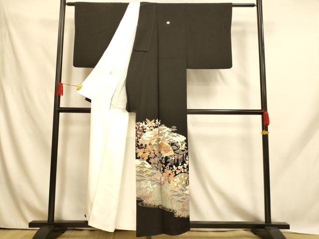 平和屋着物■豪華黒留袖　駒刺繍　飛鶴地紙太鼓文　暈し染め　金銀彩　正絹　逸品　AABH9104fw