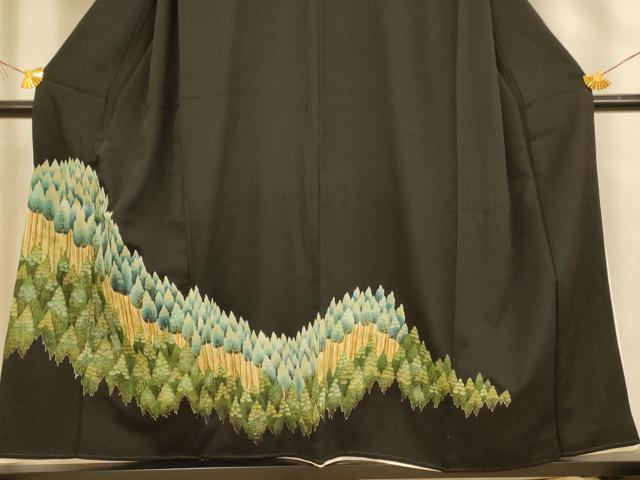 平和屋着物■豪華黒留袖 手描き 刺繍 樹林文 金彩 正絹 逸品 AABH9105fw