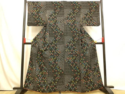 平和屋着物■上質な小紋 草花格子 黒地 正絹 逸品 AABH9112fw