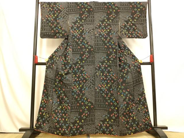 平和屋着物■上質な小紋 草花格子 黒地 正絹 逸品 AABH9112fw