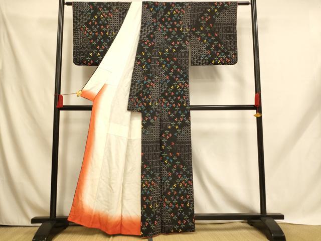 平和屋着物■上質な小紋 草花格子 黒地 正絹 逸品 AABH9112fw