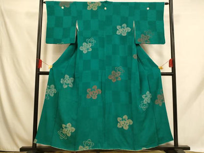平和屋着物■上質な小紋 寿光織 橘格子 銀糸 正絹 逸品 AABH9114fw