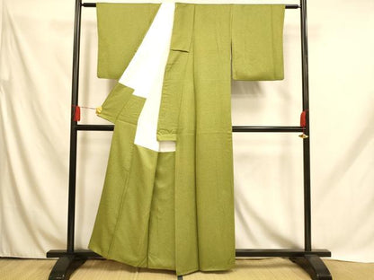 平和屋着物■上質な小紋 霞文 草色 たたき染め 正絹 逸品 AABH9115fw