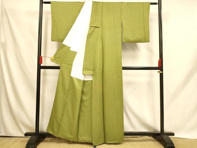 平和屋着物■上質な小紋 霞文 草色 たたき染め 正絹 逸品 AABH9115fw
