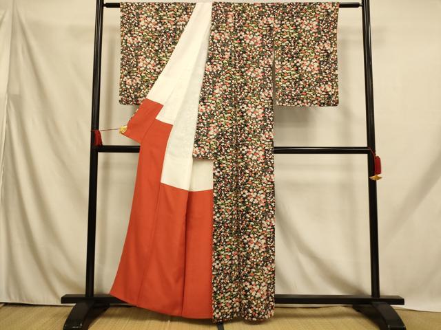 平和屋着物■上質な小紋 草花文 黒地 正絹 逸品 AABH9143fw